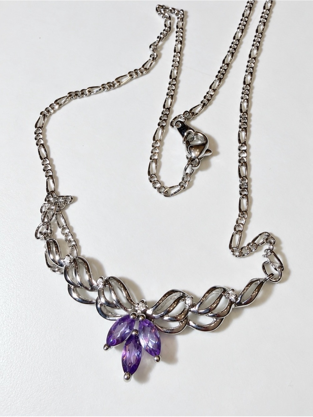 Silver-tone Necklace with Purple Crystal Pendant